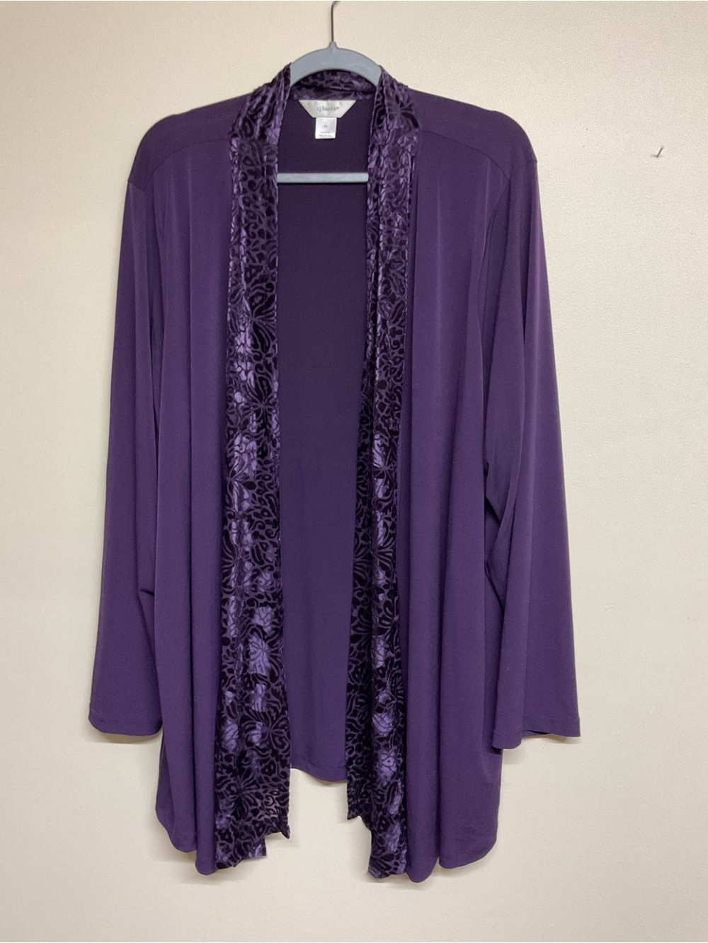 CJ Banks Purple Open-Front Velvet Print Cardigan
